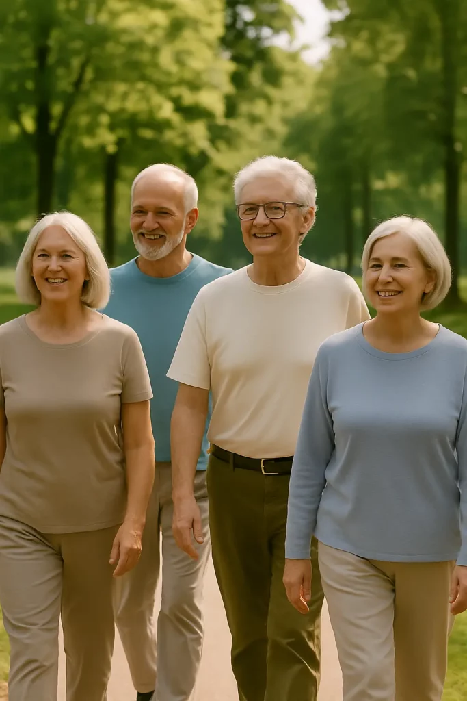 Groupe de seniors marchant en extérieur