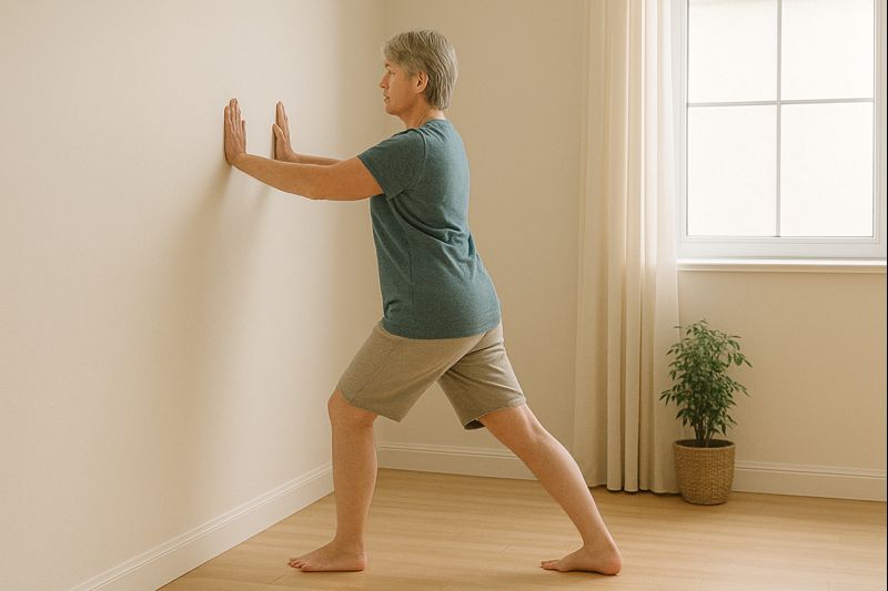 Étirement du mollet contre un mur avec talon au sol