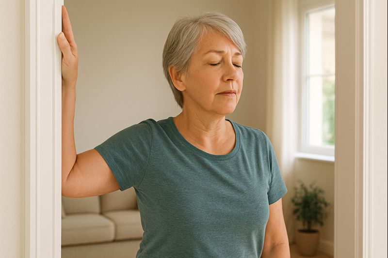 Étirement des pectoraux dans un encadrement de porte, bras à 90 degrés