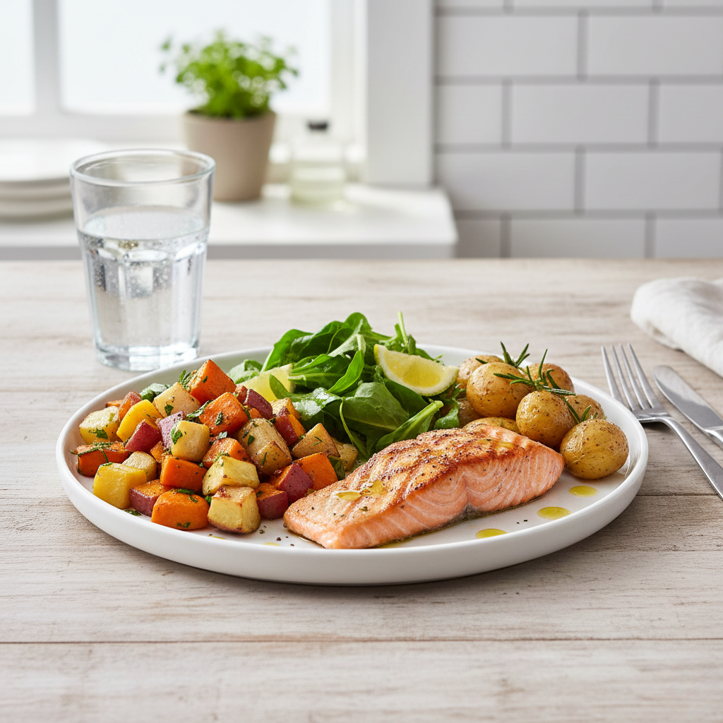 Assiette équilibrée légumes protéines féculents complets