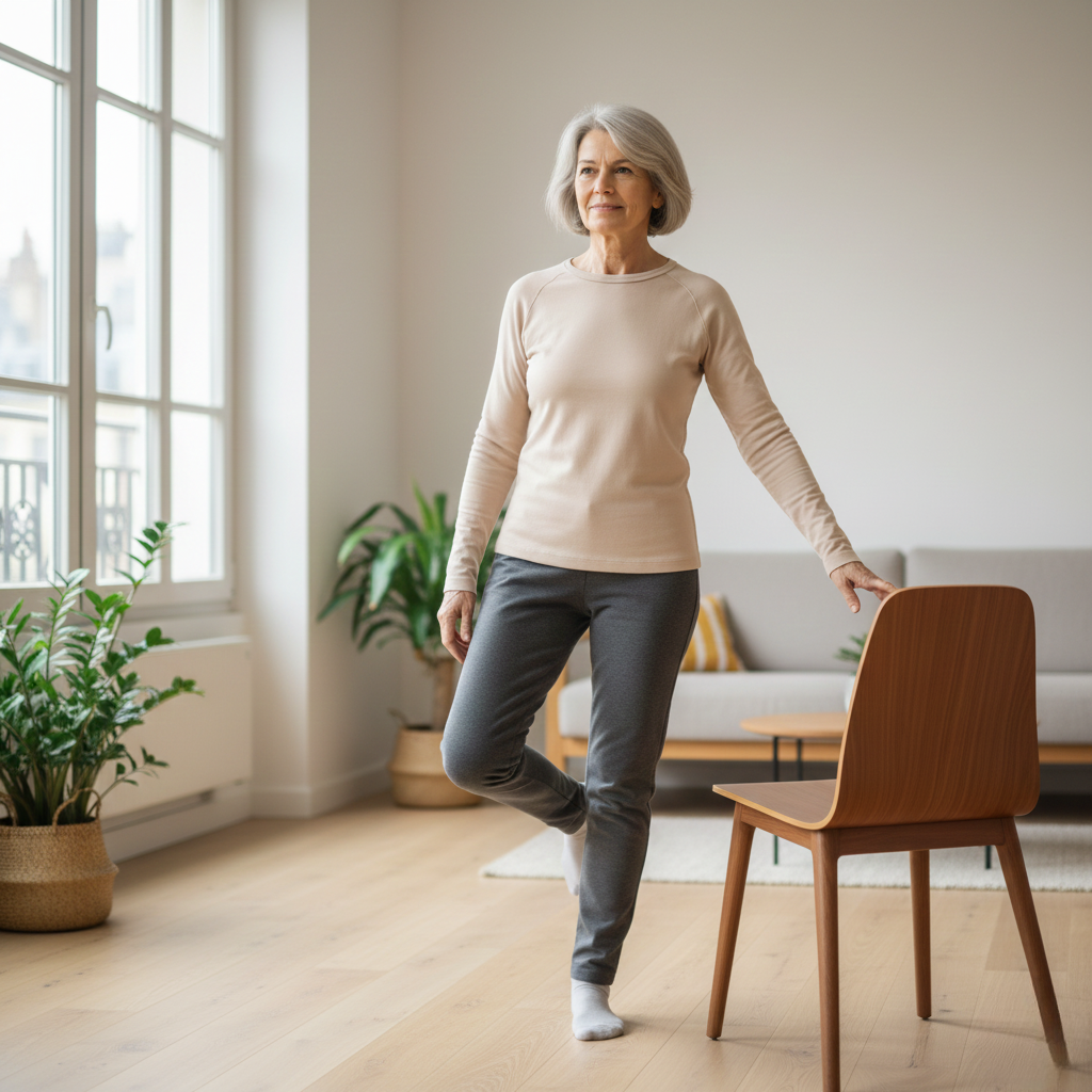 Exercice simple d’équilibre près d’un support après 60 ans