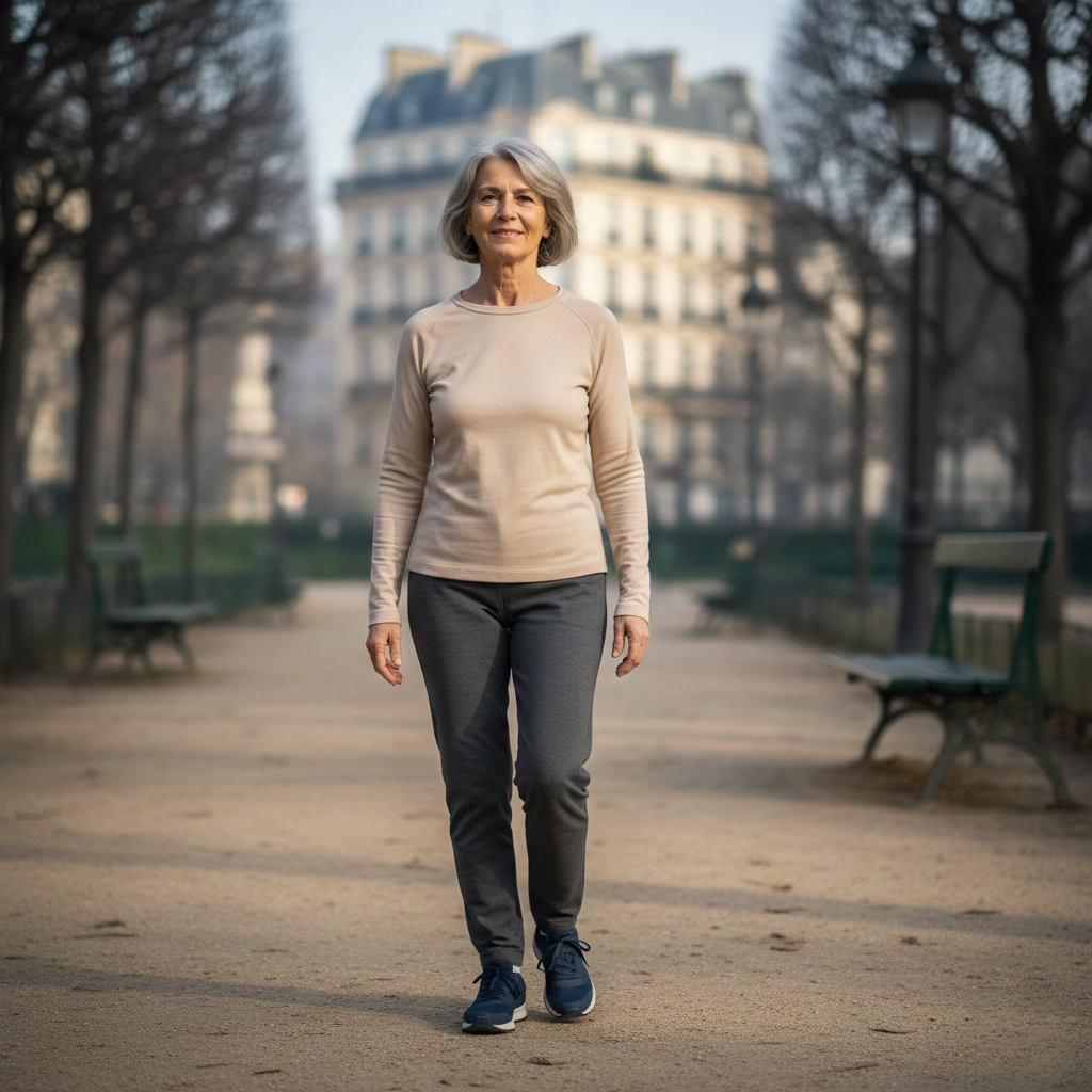 Femme de 60 ans marchant calmement dans un parc pour reprendre confiance